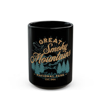 Ceramic mug featuring an illustration of Great Smoky Mountains National Park with a bear, trees, and mountain elements.