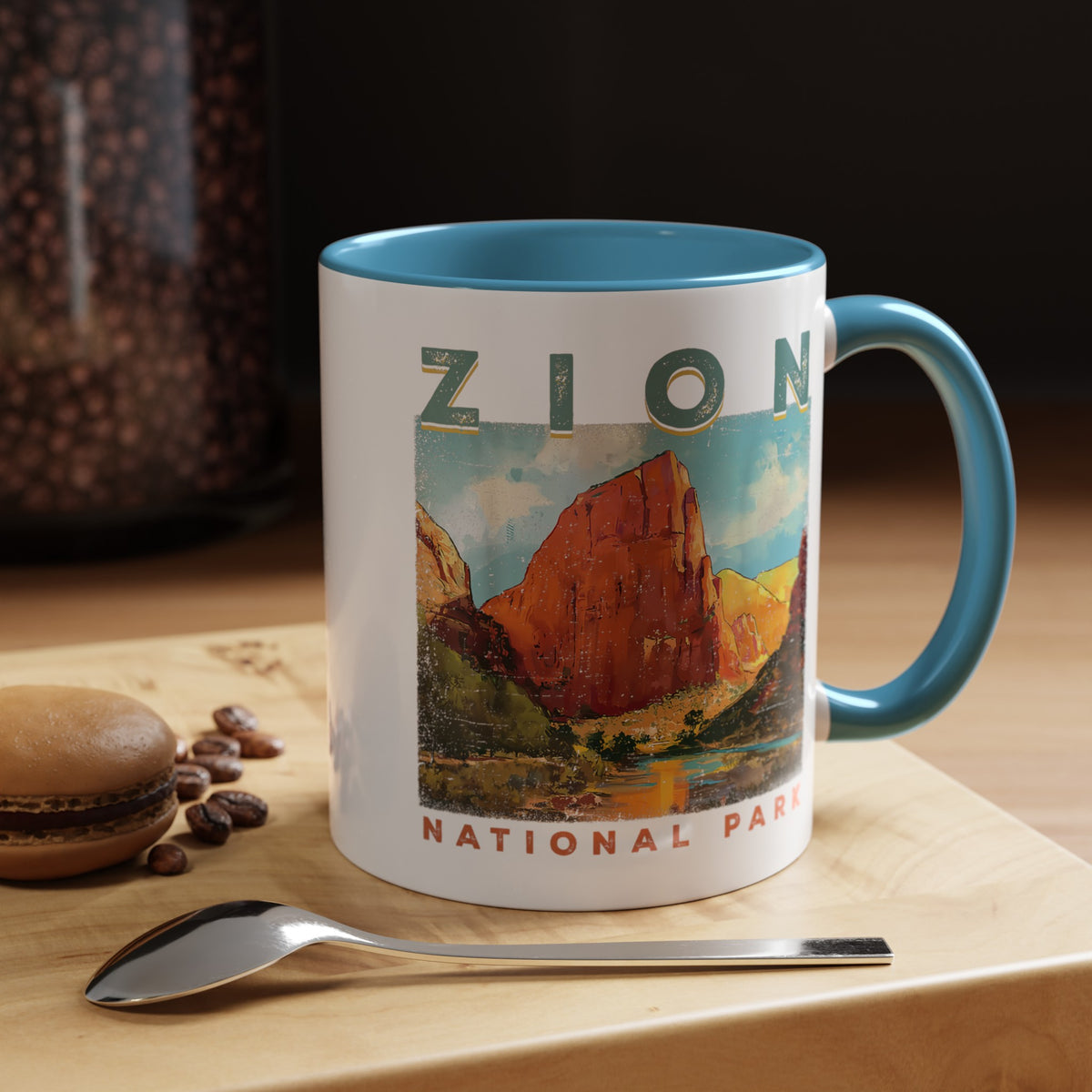 Ceramic mug featuring a scenic design of Zion National Park, ideal as a souvenir.