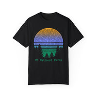 T-shirt featuring the names of US National Parks in a colorful text design.