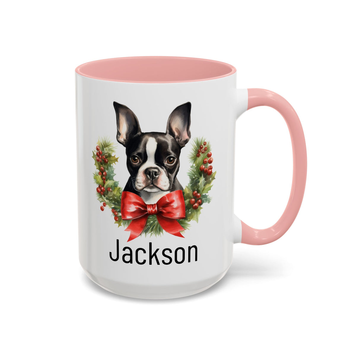 Personalized Boston Terrier Christmas Mug, Custom Dog Name Ceramic Mug, 11oz or 15oz