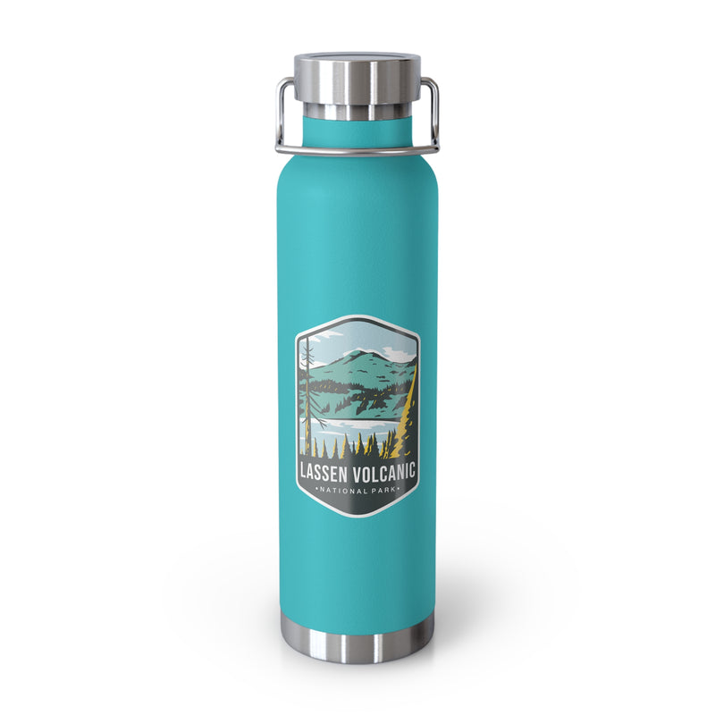 Mint green stainless steel water bottle with a scenic design of Lassen Volcanic National Park.