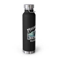 Stainless steel water bottle featuring a Mount Rainier National Park design with an elk and mountain illustration, durable powder-coated finish.