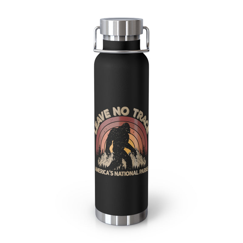 Water bottle featuring a Leave No Trace design with a bear silhouette and sunset background, promoting conservation in America's national parks.