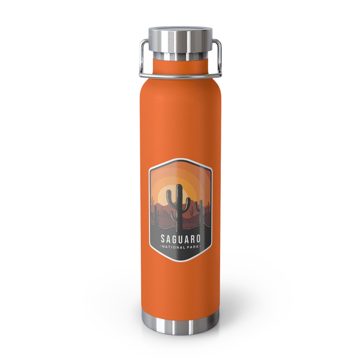 Orange stainless steel water bottle featuring a design of Saguaro National Park with cactus and sunset scenery.