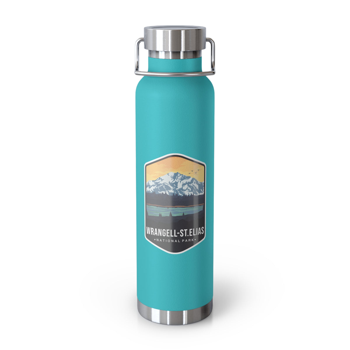 Mint Green stainless steel water bottle featuring a design of Wrangell-St. Elias National Park with mountain and sunset scenery.