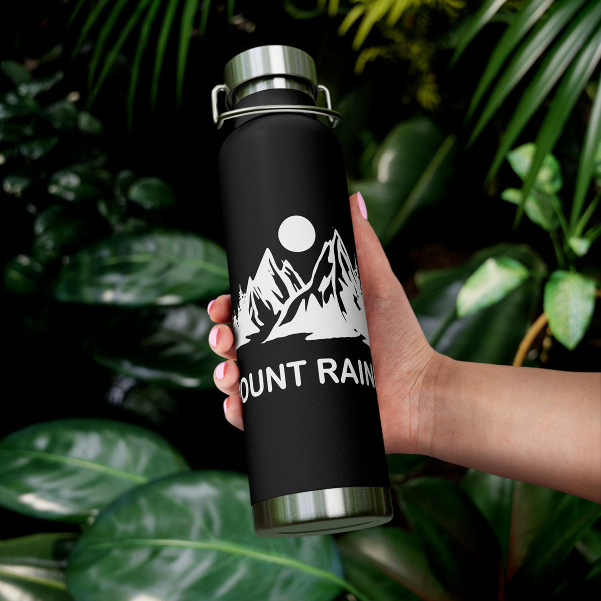 Stainless steel water bottle featuring a Mount Rainier National Park design with a scenic mountain illustration and a durable powder-coated finish.