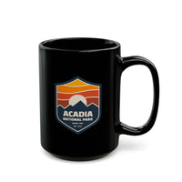 Ceramic coffee mug featuring a shield design with Acadia National Park.