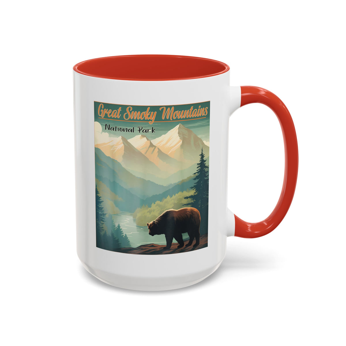 15 oz red ceramic mug featuring an illustration of a bear in Great Smoky Mountains National Park with mountains and trees in the background.