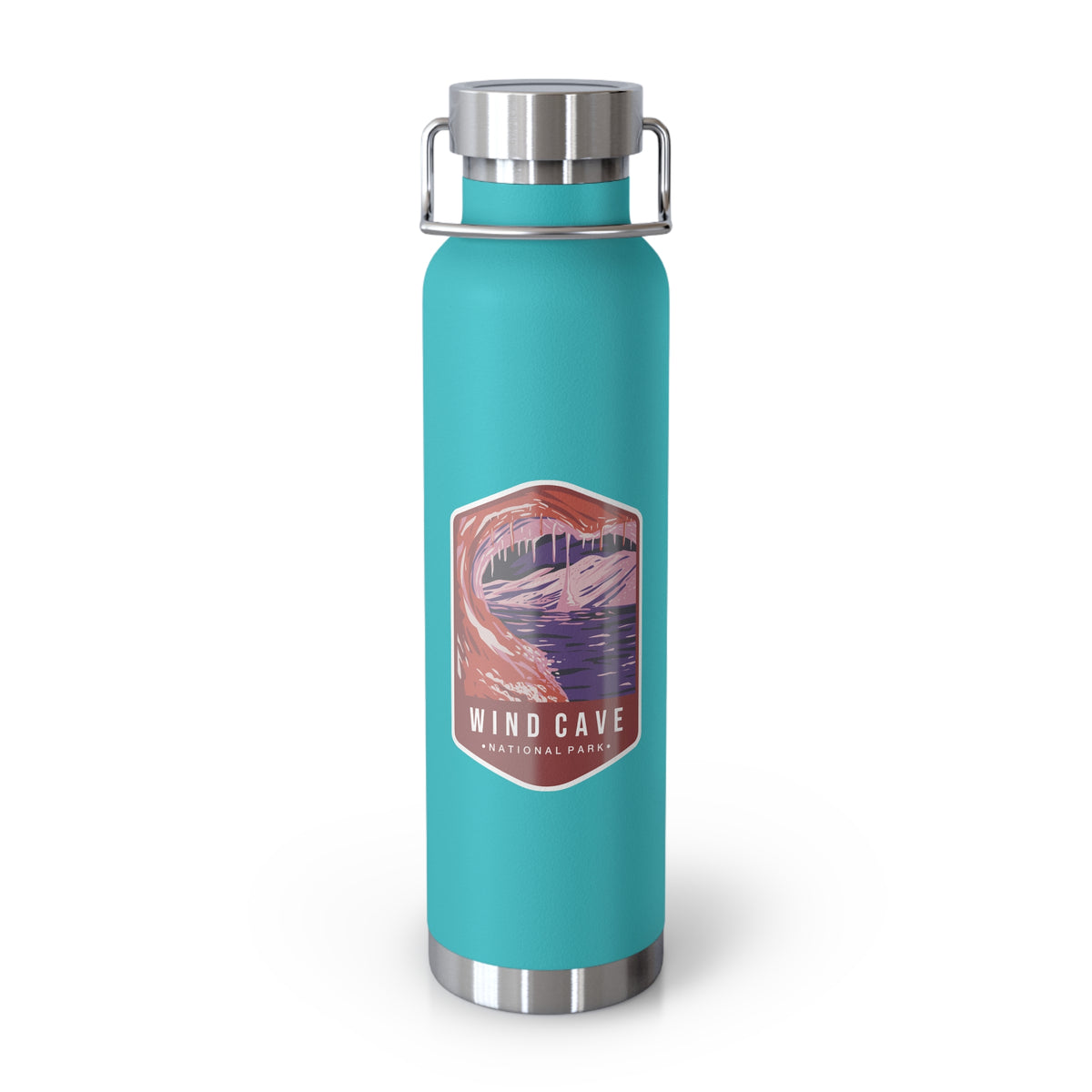 Mint Green stainless steel water bottle featuring a design of Wind Cave National Park with cave formations.