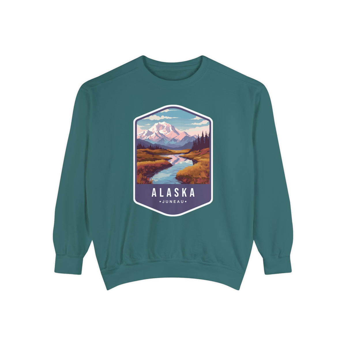 Cozy Alaska Juneau Sweatshirt - Scenic Mountain River Design - Unisex Garment-Dyed Cozy Fleece