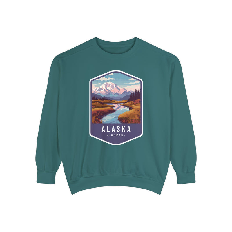 Cozy Alaska Juneau Sweatshirt - Scenic Mountain River Design - Unisex Garment-Dyed Cozy Fleece