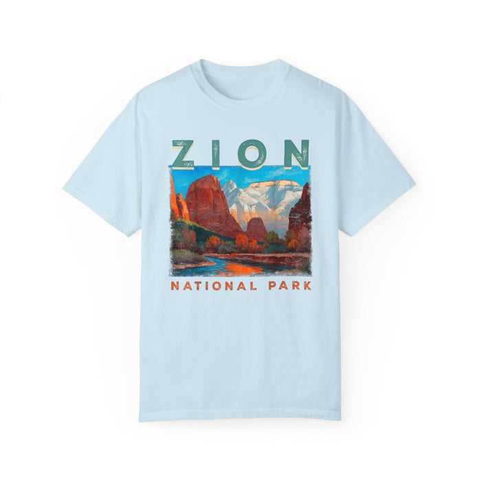 T-shirt with a vivid scenic design of Zion National Park featuring mountains and a river.