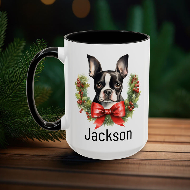 Personalized Boston Terrier Christmas Mug, Custom Dog Name Ceramic Mug, 11oz or 15oz