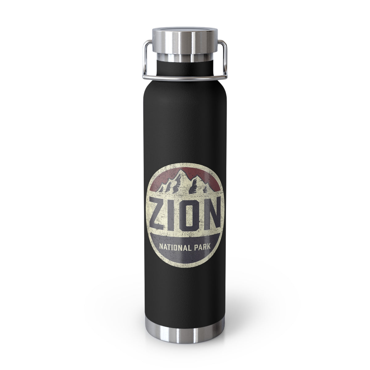 Image of a stainless steel water bottle featuring a design from Zion National Park in Utah.