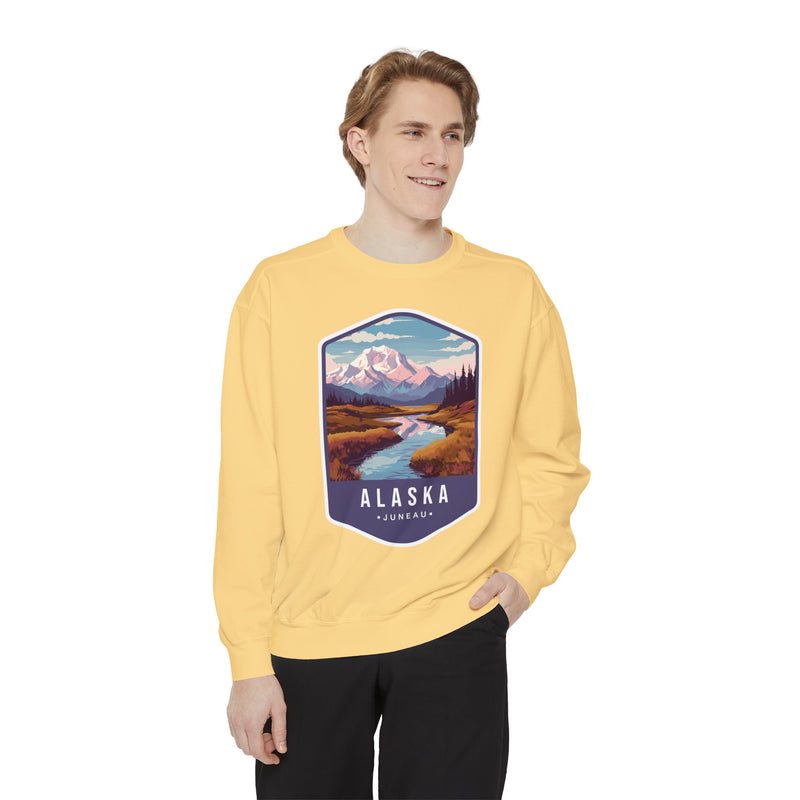 Cozy Alaska Juneau Sweatshirt - Scenic Mountain River Design - Unisex Garment-Dyed Cozy Fleece