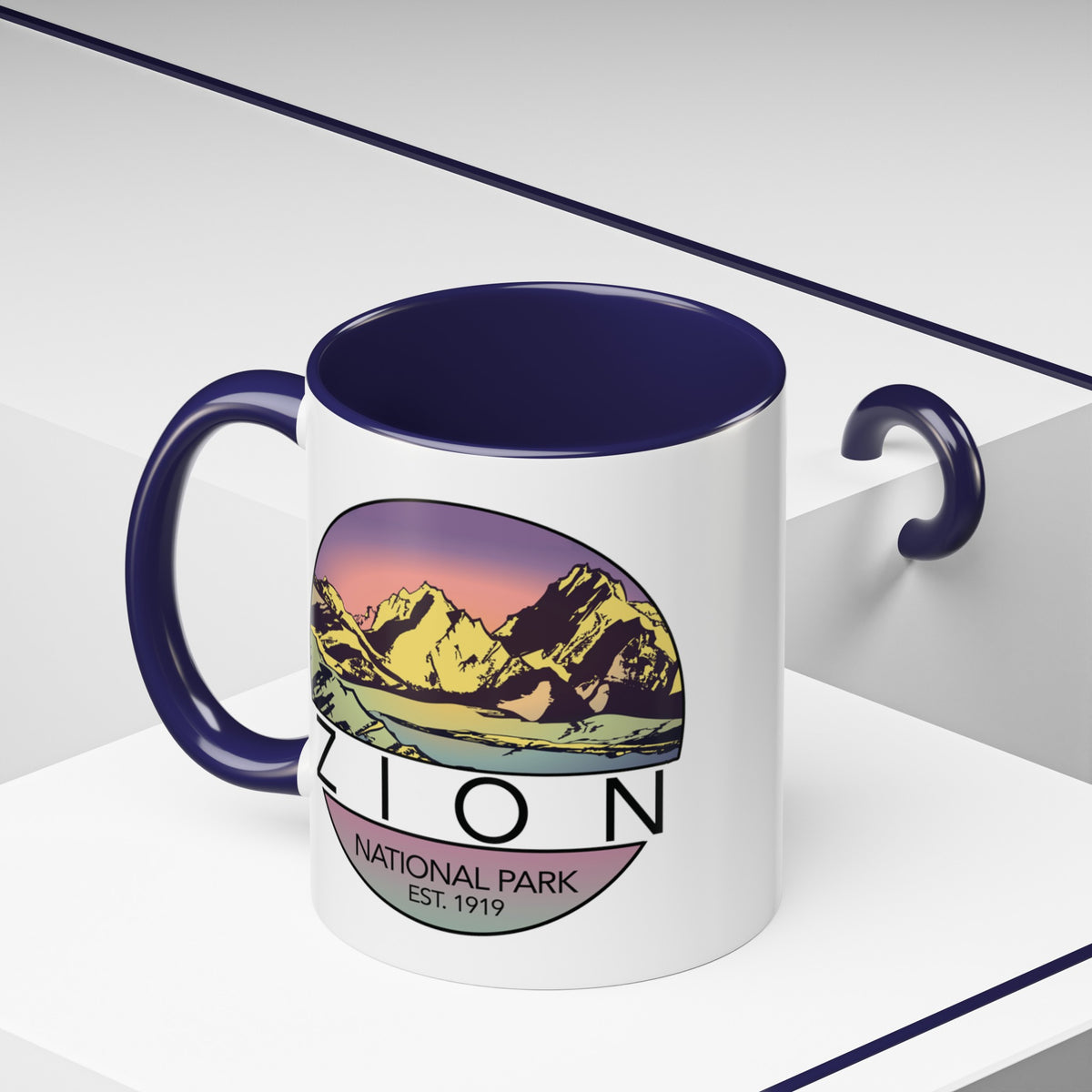 Ceramic mug featuring a mountain design of Zion National Park, perfect as a souvenir.