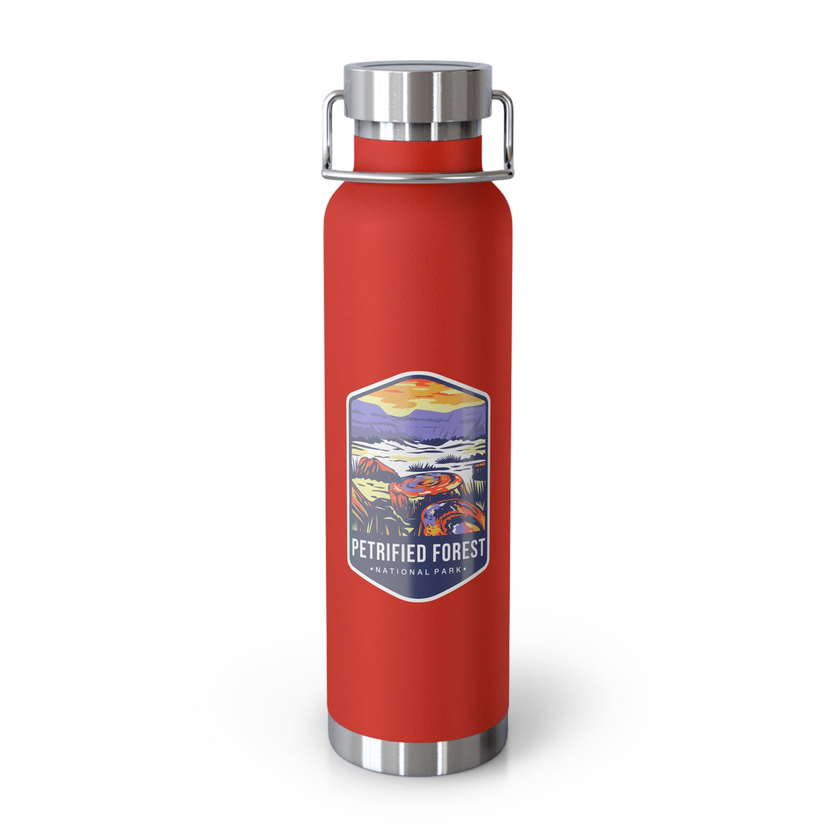 Red stainless steel water bottle featuring a colorful design of Petrified Forest National Park with scenic landscapes.