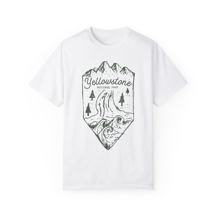 T-shirt featuring a scenic design of Yellowstone National Park with mountains, trees, and a geyser.