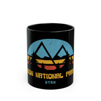 Ceramic mug featuring a retro design of Zion National Park in Utah, perfect as a souvenir.