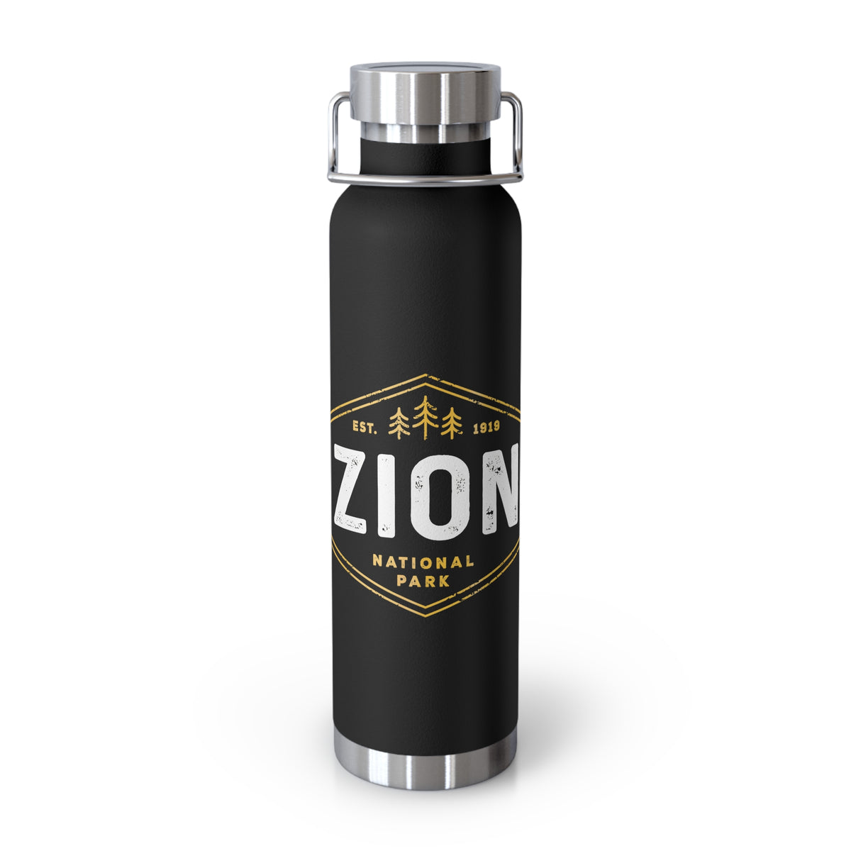 Image of a stainless steel water bottle featuring an emblem design from Zion National Park in Utah.