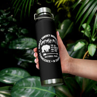 Stainless steel water bottle featuring a Great Smoky Mountains National Park design with a bear illustration and a durable powder-coated finish.