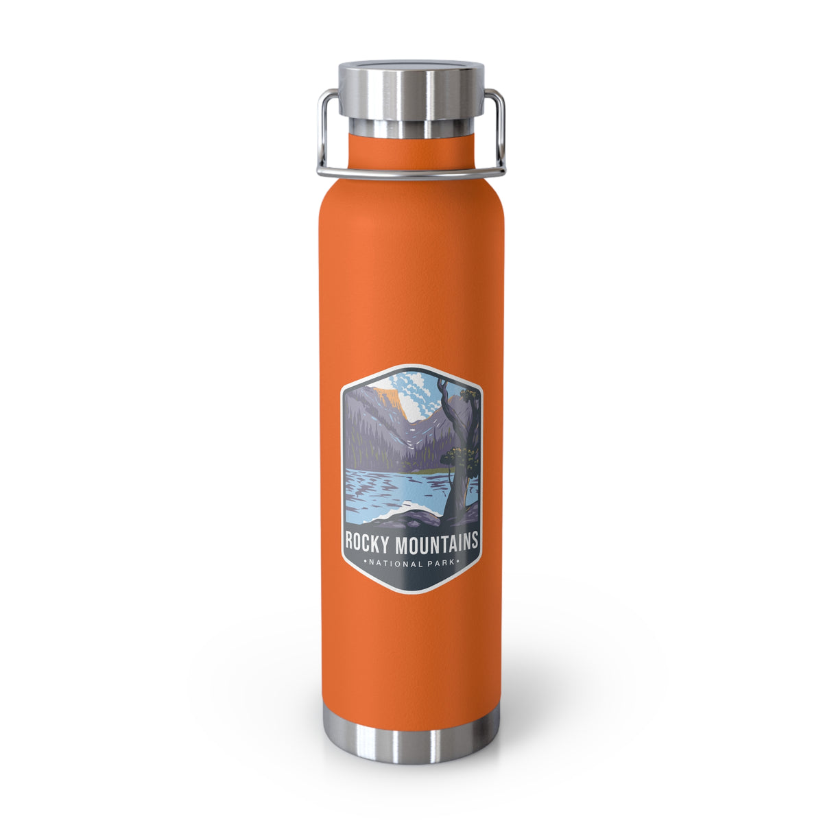 Orange stainless steel water bottle featuring a design of Rocky Mountains National Park with mountain and lake scenery.