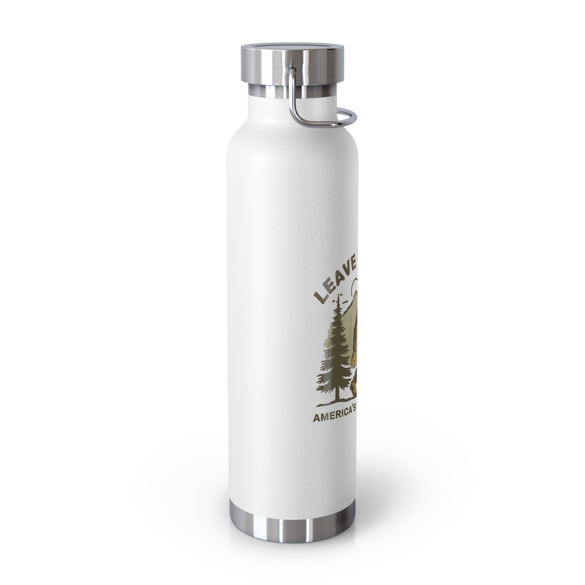 Water bottle featuring a Leave No Trace design with a bear, trees, and mountains, promoting conservation in America's national parks.