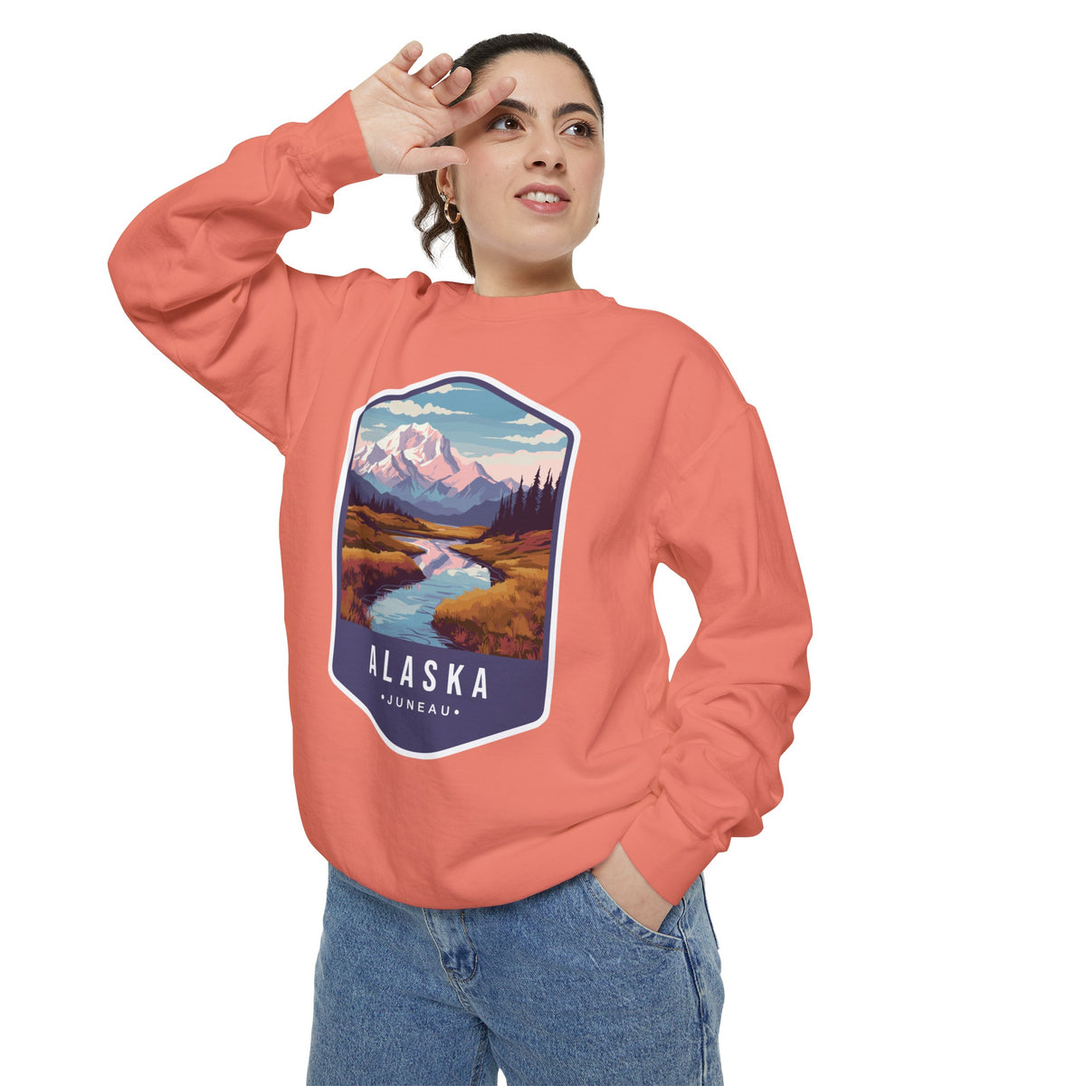 Cozy Alaska Juneau Sweatshirt - Scenic Mountain River Design - Unisex Garment-Dyed Cozy Fleece