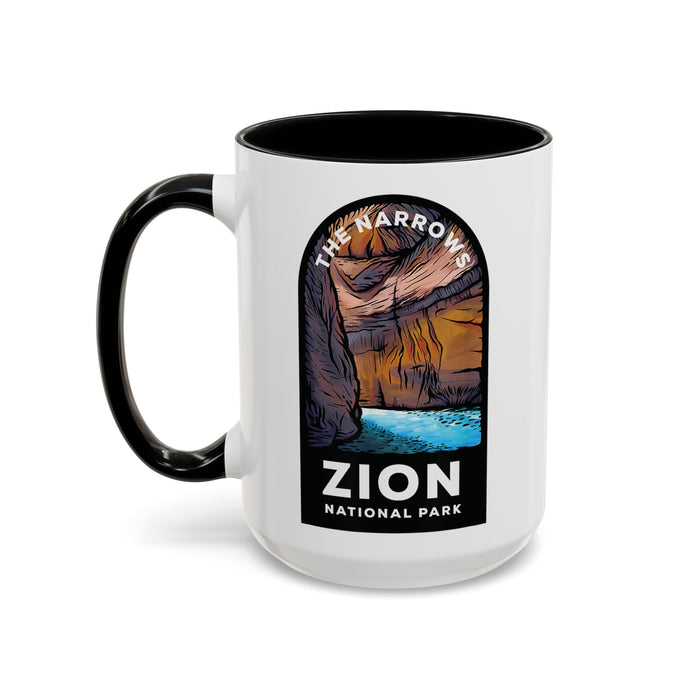 15 oz ceramic mug with black contrasting handle featuring a design of The Narrows at Zion National Park, perfect as a souvenir.