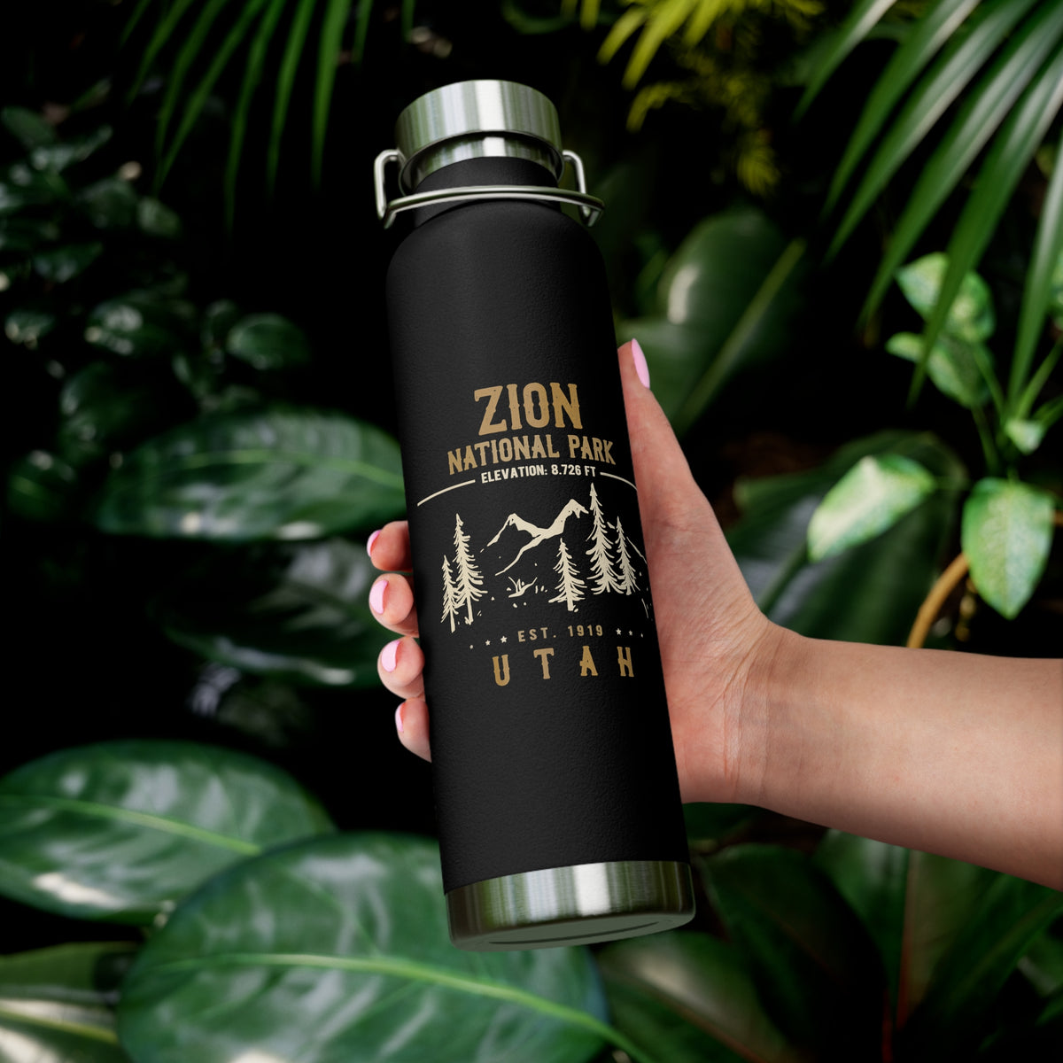 Image of a stainless steel water bottle featuring an elevation design from Zion National Park in Utah.