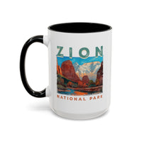 White ceramic mug with a contrasting handle and interior, featuring a scenic landscape design of Zion National Park.