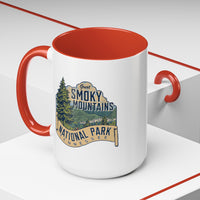 15 oz red ceramic mug featuring an illustration of Great Smoky Mountains National Park with a scenic view and trees, labeled Tennessee.