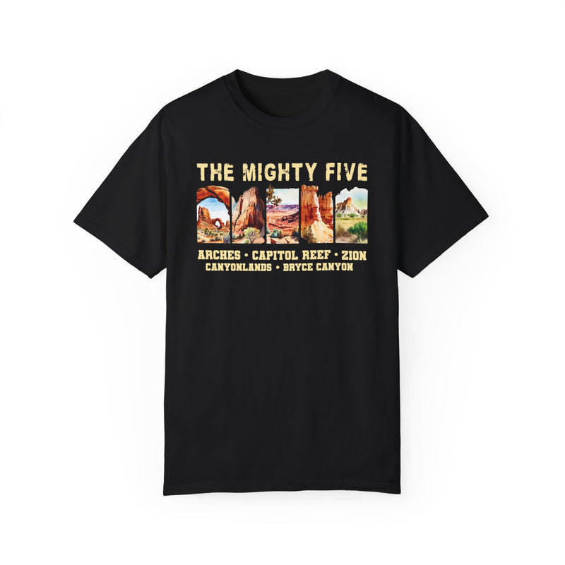 T-shirt featuring scenic designs of Utah's Mighty Five national parks: Arches, Capitol Reef, Zion, Canyonlands, and Bryce Canyon.