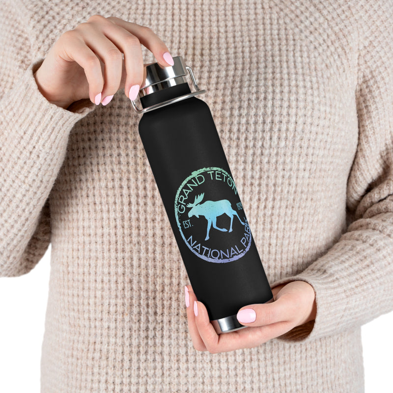 Grand Teton National Park souvenir water bottle featuring a moose design with stainless steel construction.