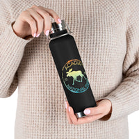 Stainless steel water bottle featuring an Acadia National Park design with a moose and scenic illustration, durable powder-coated finish.