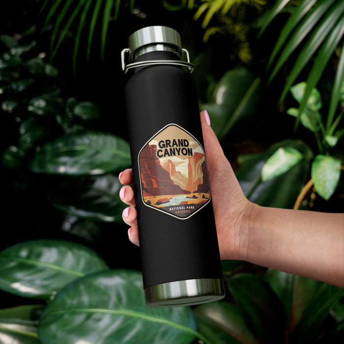 Grand Canyon National Park souvenir water bottle with a scenic design featuring the canyon landscape and stainless steel construction.