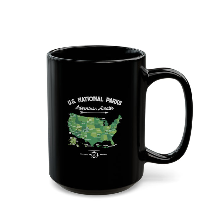 Black ceramic mug featuring a map design of U.S. National Parks with the text "U.S. National Parks Adventure Awaits."