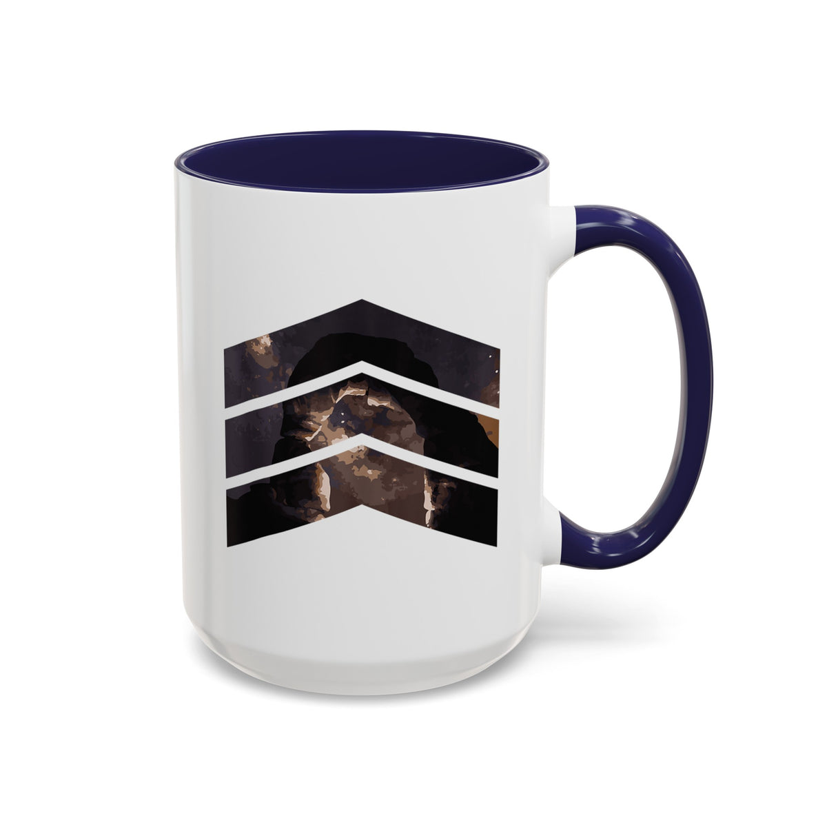 15 oz ceramic mug with navy handle featuring a mountain design with three chevrons, representing Arches National Park.