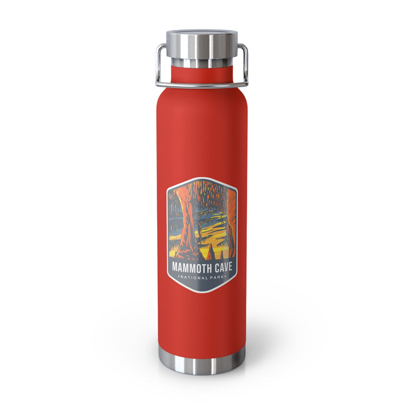 Red stainless steel water bottle with a scenic design of Mammoth Cave National Park.