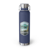 Navy stainless steel water bottle with a scenic design of Lassen Volcanic National Park.