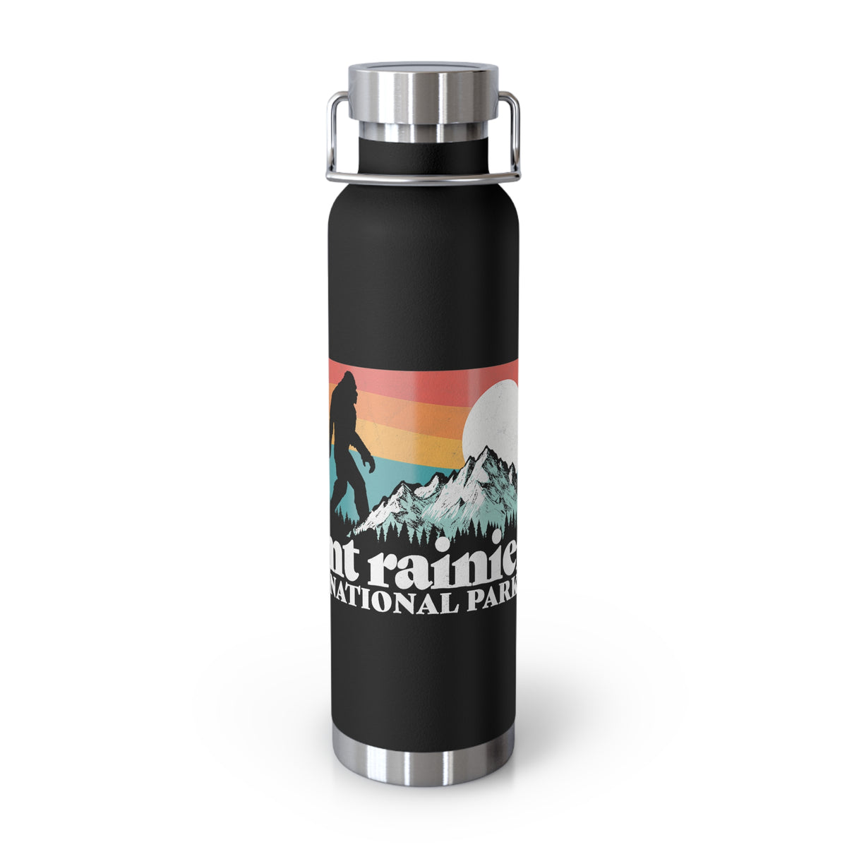 Mount Rainier water bottle featuring a Bigfoot design from the national park.