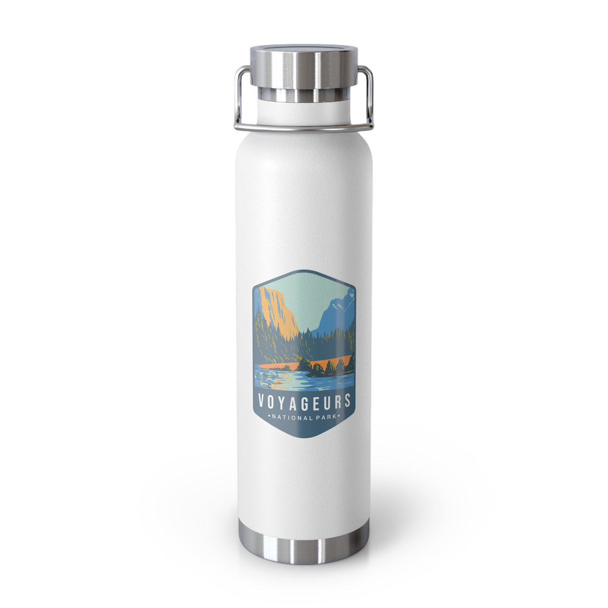 White stainless steel water bottle featuring a design of Voyageurs National Park with a lake and forest scenery.