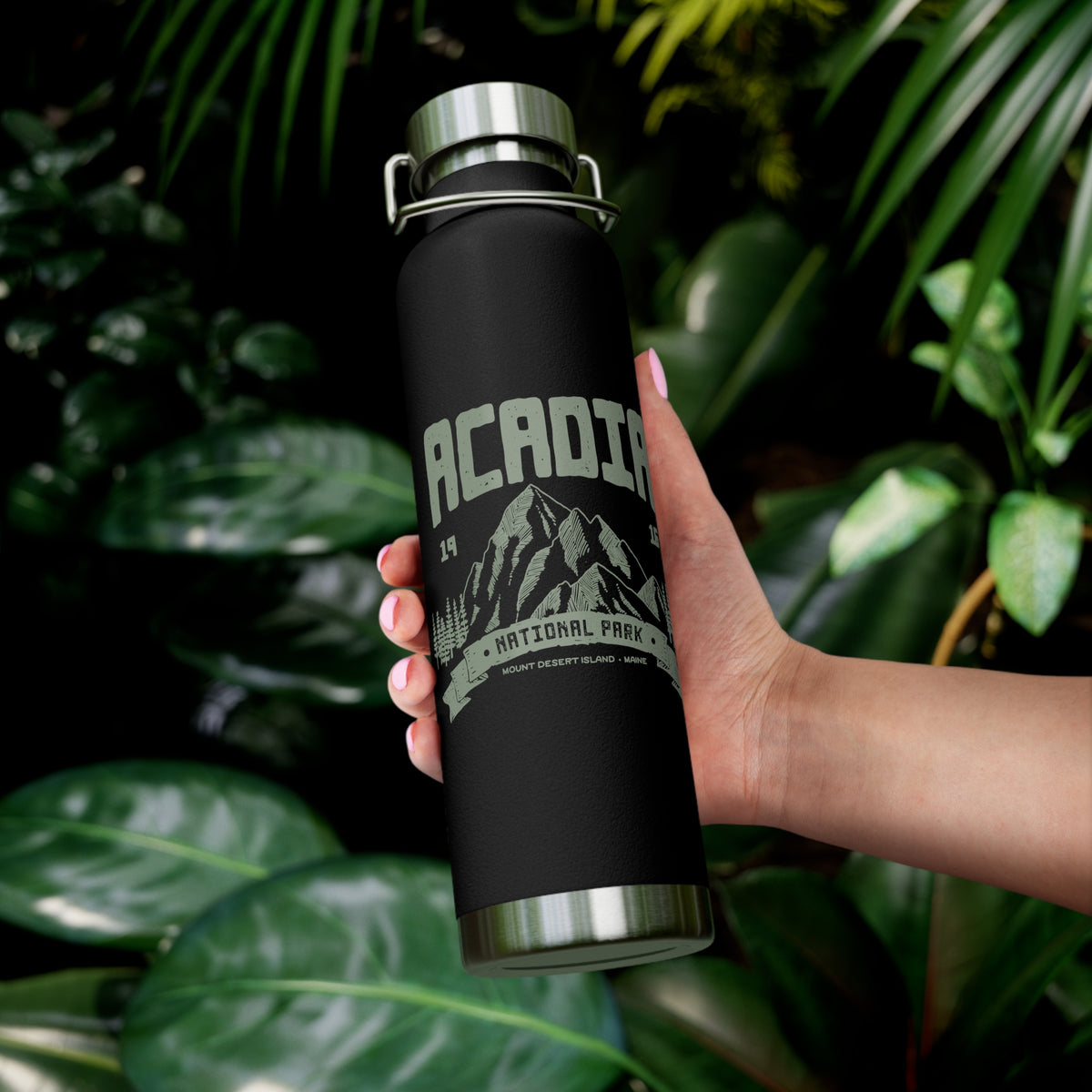 Stainless steel water bottle featuring an Acadia National Park design with a mountain illustration and "Est. 1916" text, durable powder-coated finish.