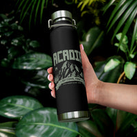 Stainless steel water bottle featuring an Acadia National Park design with a mountain illustration and "Est. 1916" text, durable powder-coated finish.