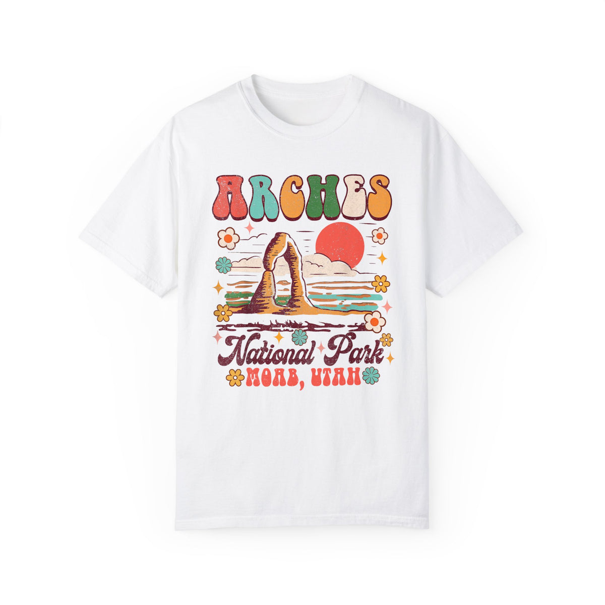 T-shirt featuring a retro design of Arches National Park in Moab, Utah, with colorful graphics.