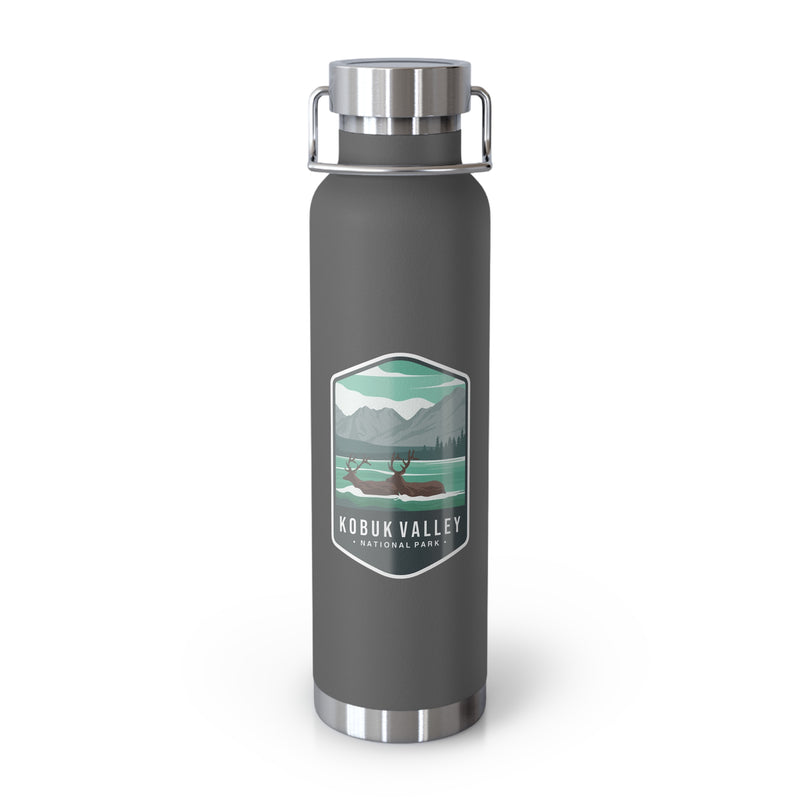 Grey stainless steel water bottle with a scenic design of Kobuk Valley National Park.