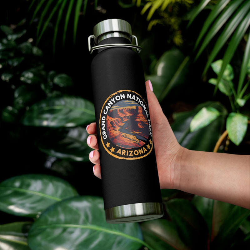 Grand Canyon National Park souvenir water bottle featuring an Arizona emblem design and stainless steel construction.