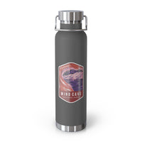 Grey stainless steel water bottle featuring a design of Wind Cave National Park with cave formations.