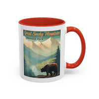 11 oz red ceramic mug featuring an illustration of a bear in Great Smoky Mountains National Park with mountains and trees in the background.