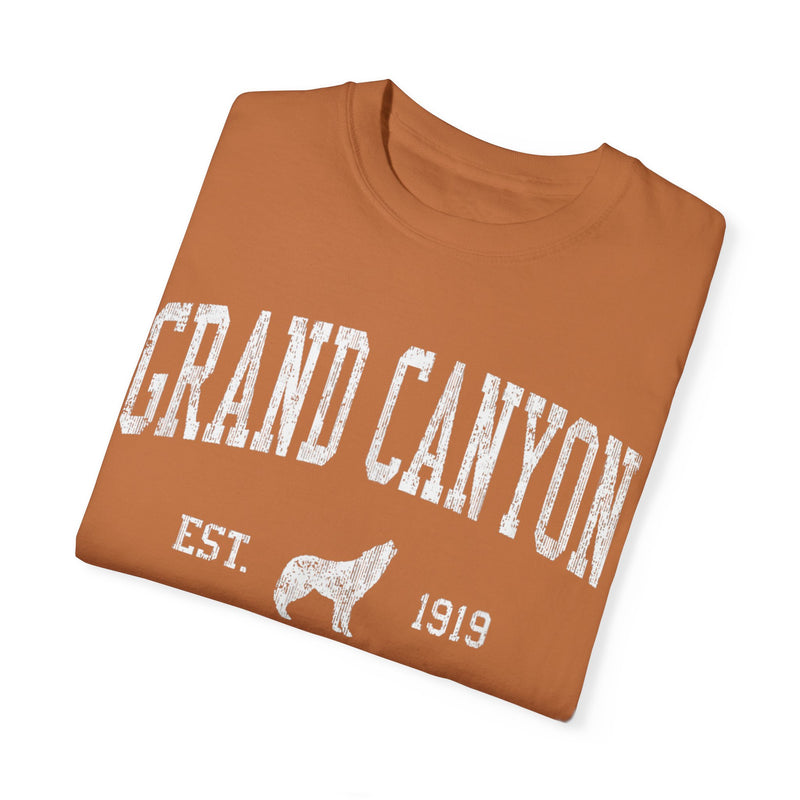 Grand Canyon National Park T-shirt featuring an "Est. 1919" graphic design with a wolf, highlighting the park's establishment date.